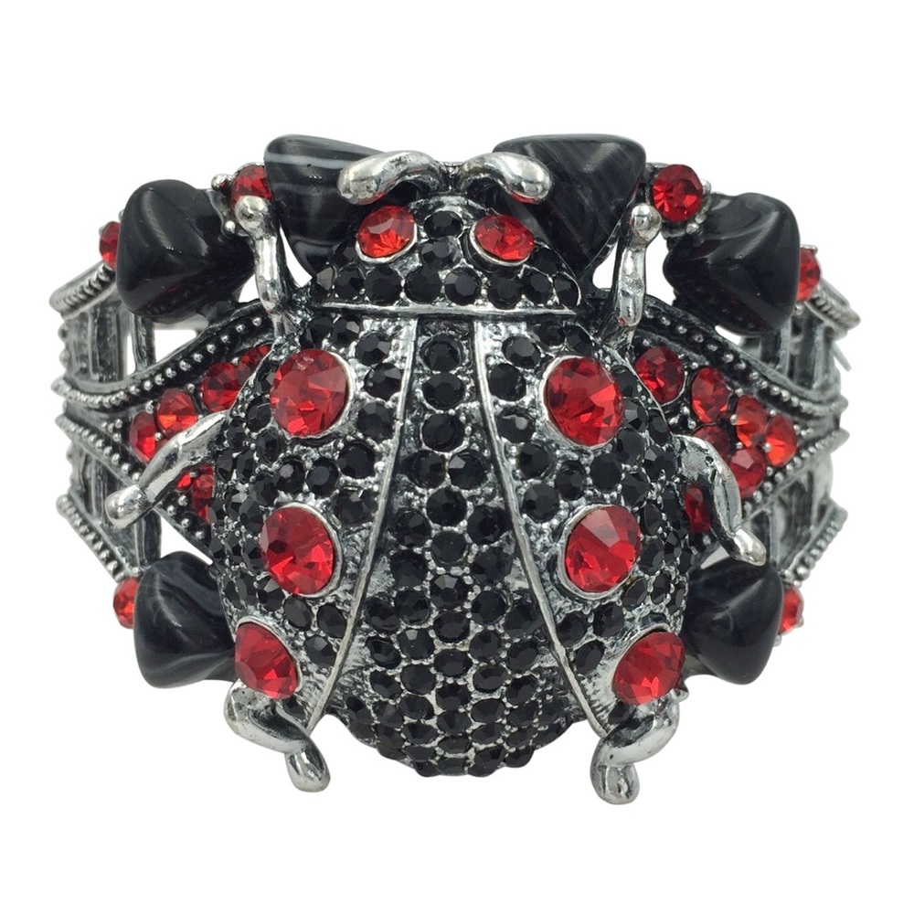 Large Black Red Ladybug Statement Hinged Bangle Bracelet